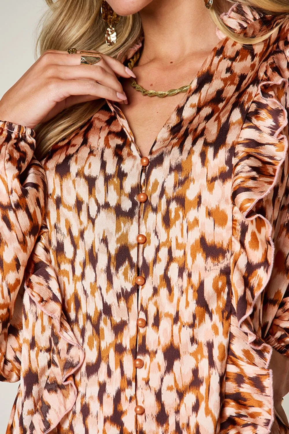 Full Size Printed Ruffle Trim Balloon Sleeve Shirt, image 20