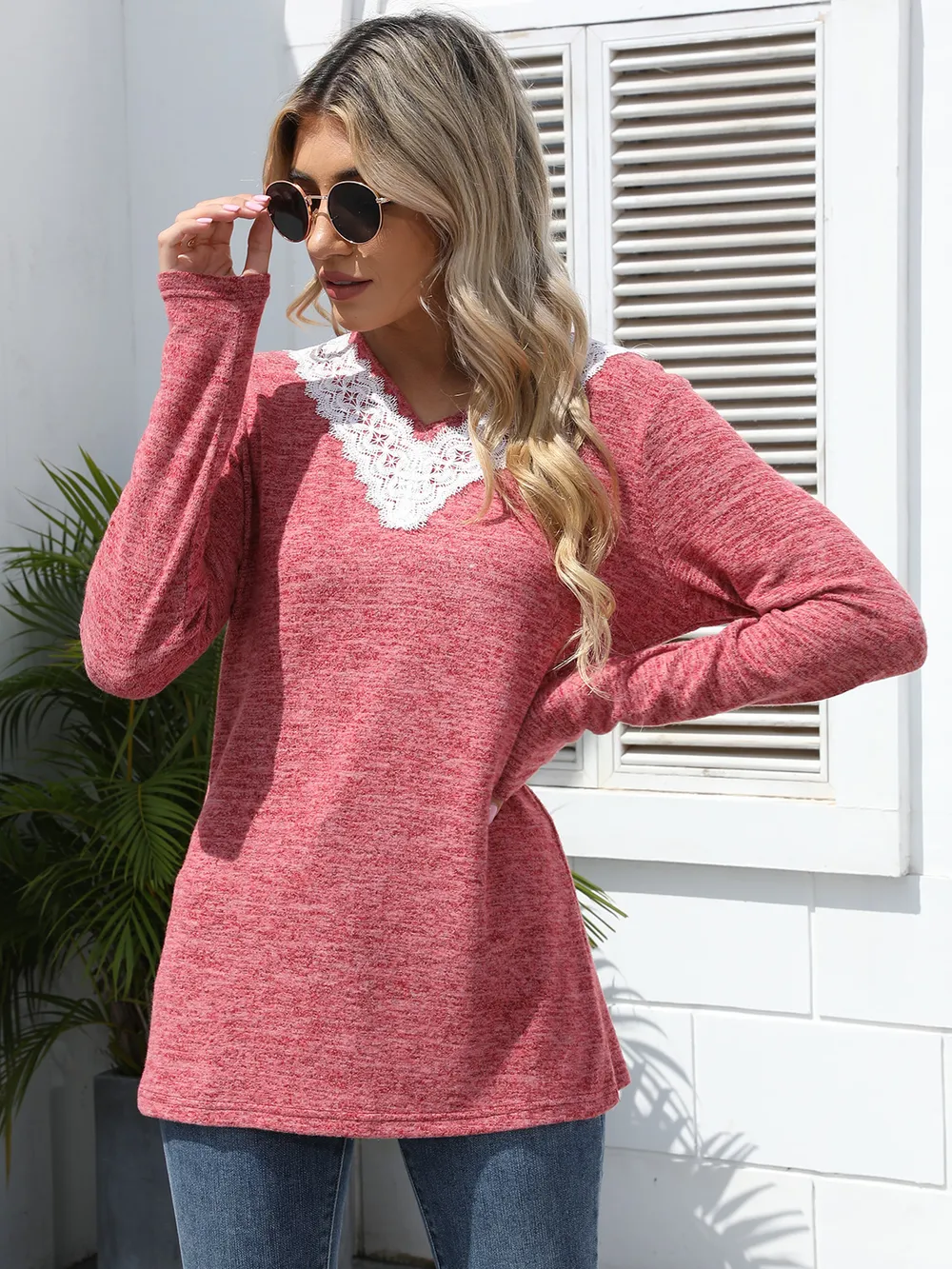 Lace Detail V-Neck Long Sleeve T-Shirt, image 2
