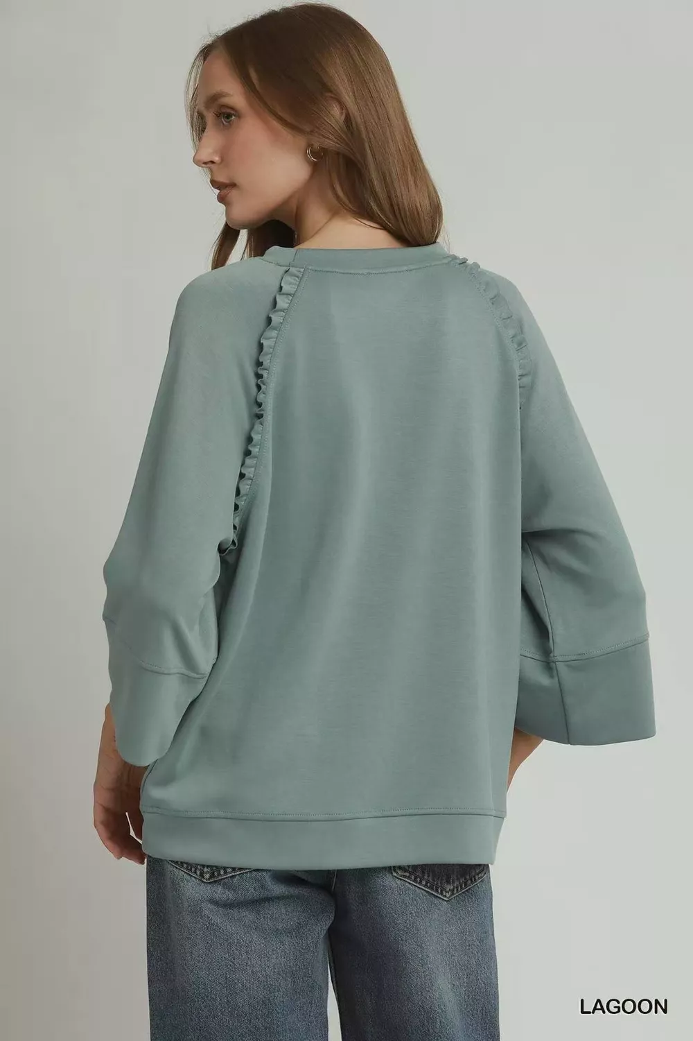 Ruffle Trim 3/4 Raglan Sleeve Top, image 3