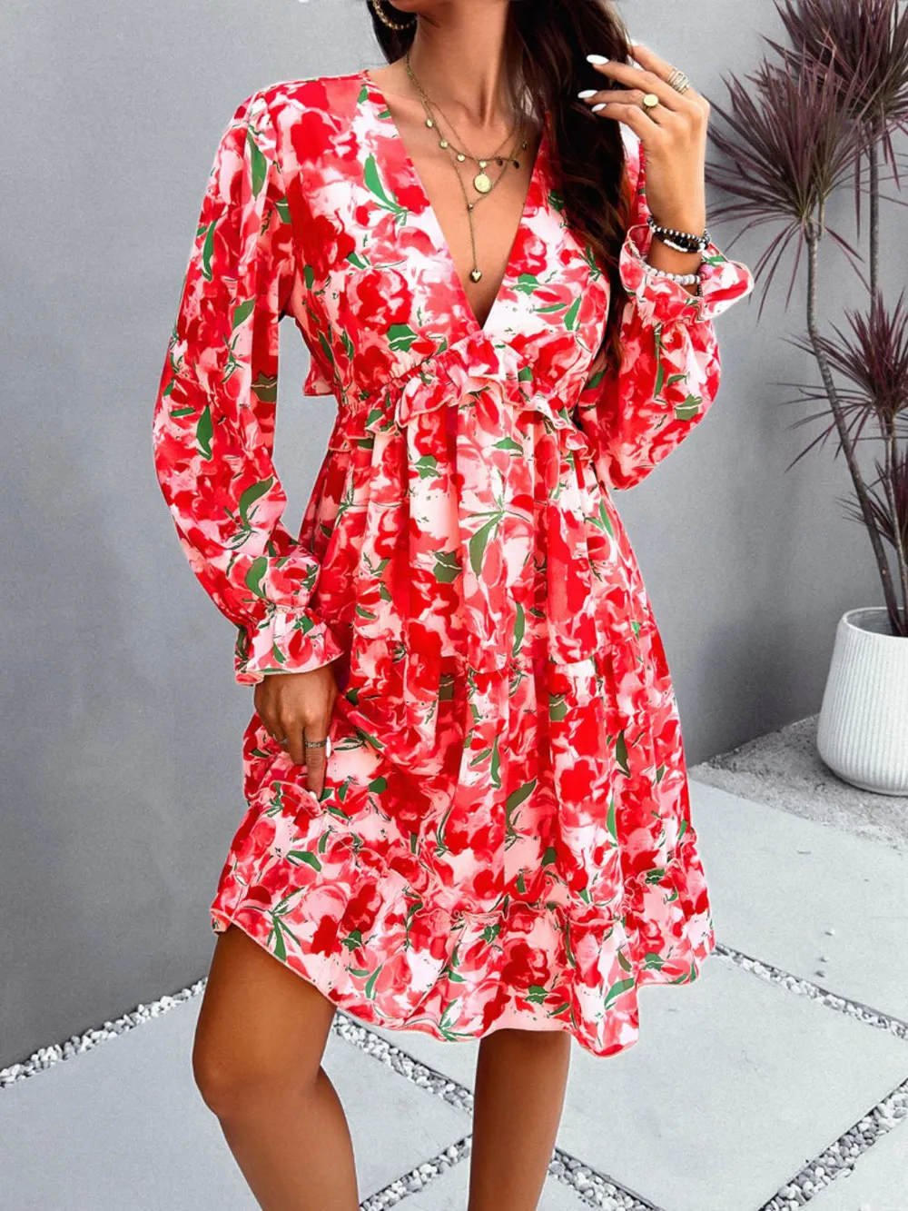 Backless Printed V-Neck Flounce Sleeve Dress, image 9