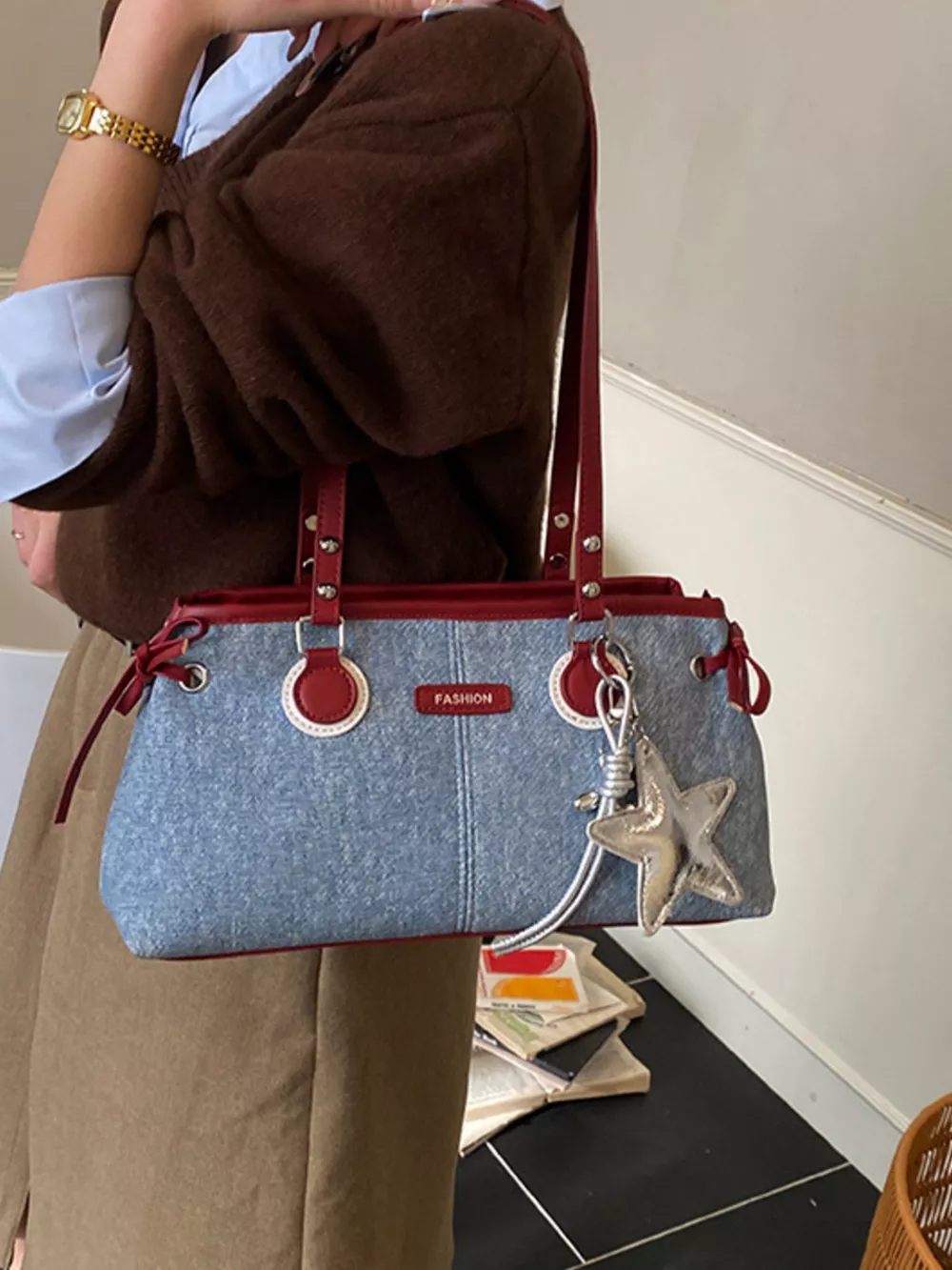 Denim Shoulder Bag with Star Charm, image 6