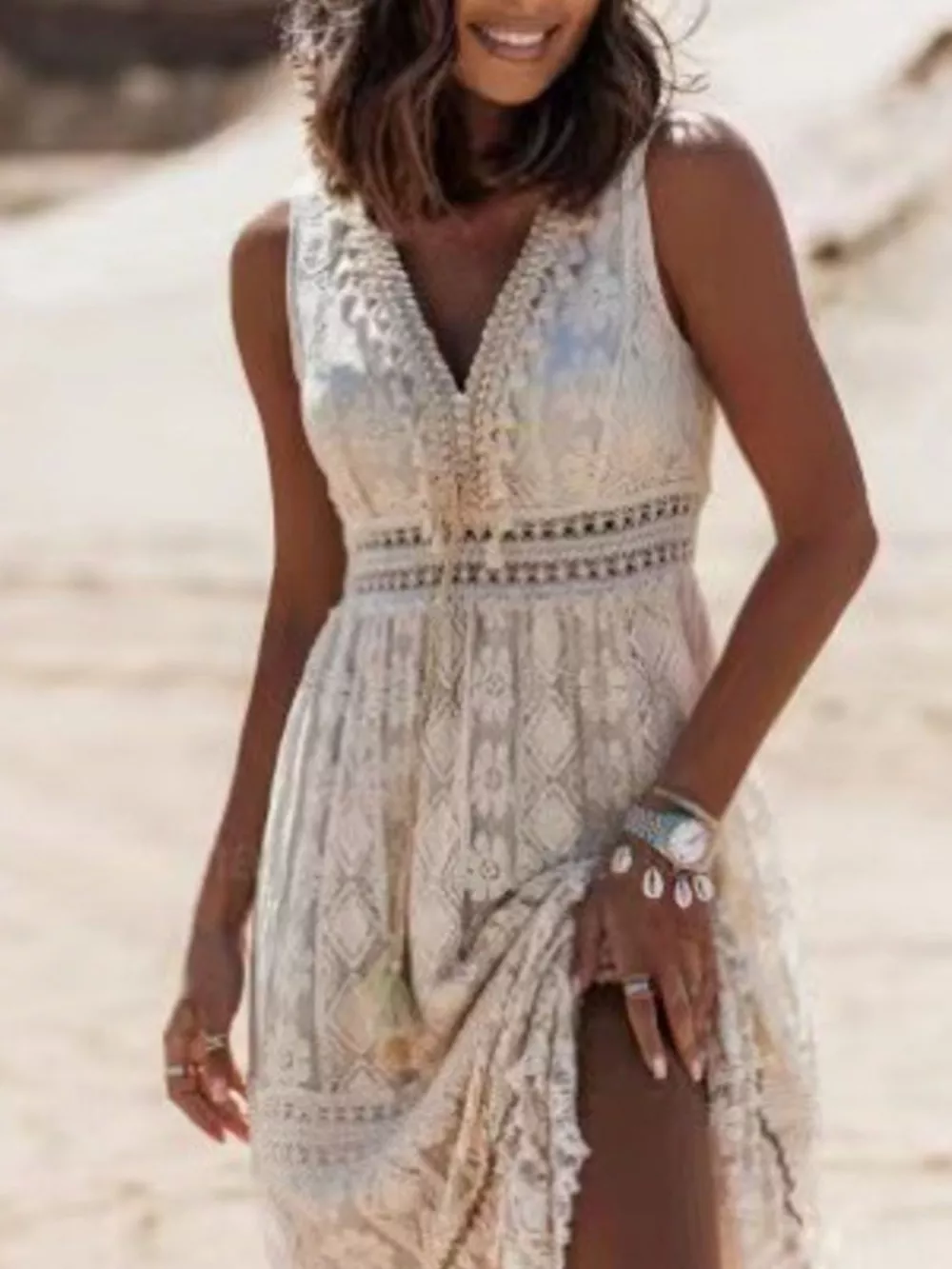 Lace V-Neck Sleeveless Maxi Dress, image 3