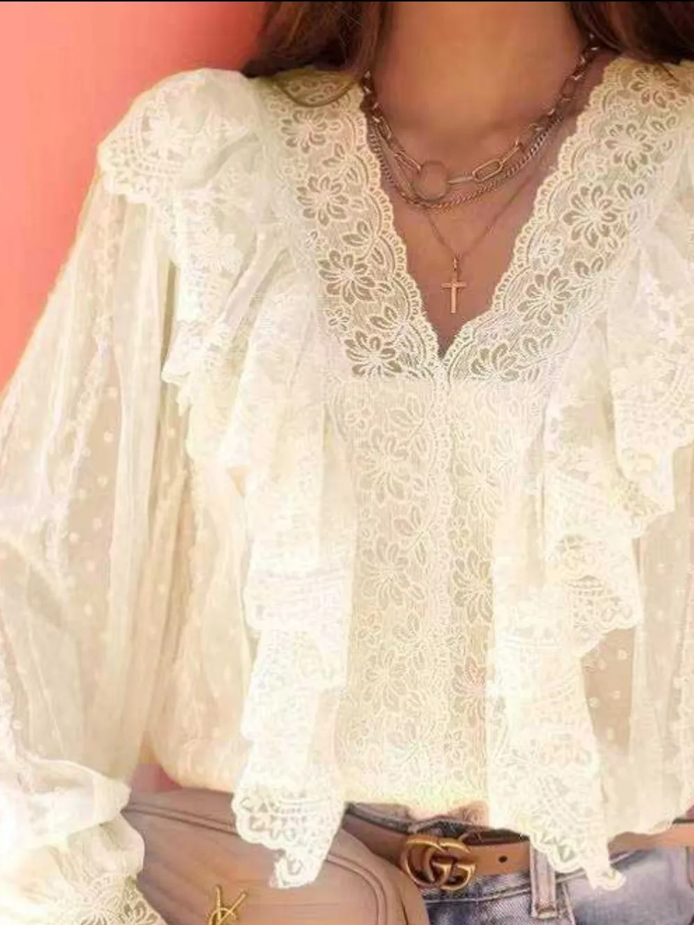 Lace Trim Ruffle V-Neck Long Sleeve Blouse, image 6
