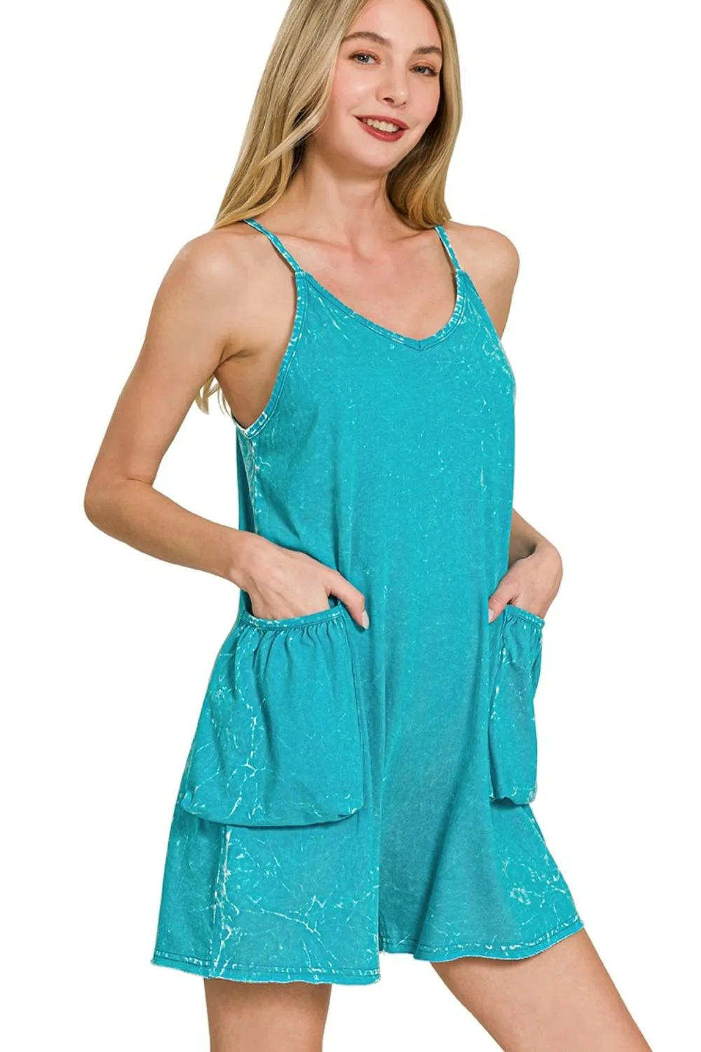 Acid Crinkle Washed Spaghetti Strap Romper, image 2