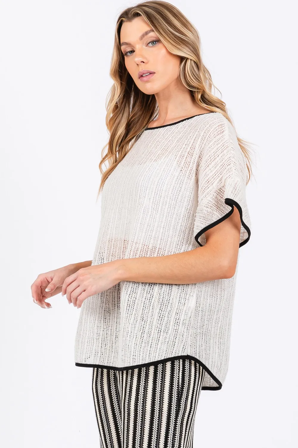 Contrast Trim Short Sleeve Knit Cover Up, image 3