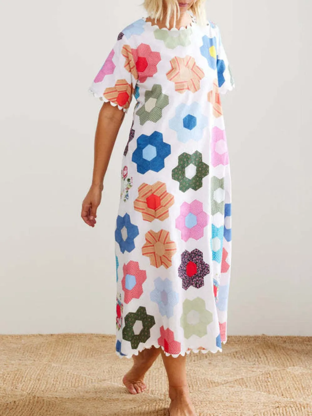 Floral Print Midi Dress with Scalloped Edges, image 5