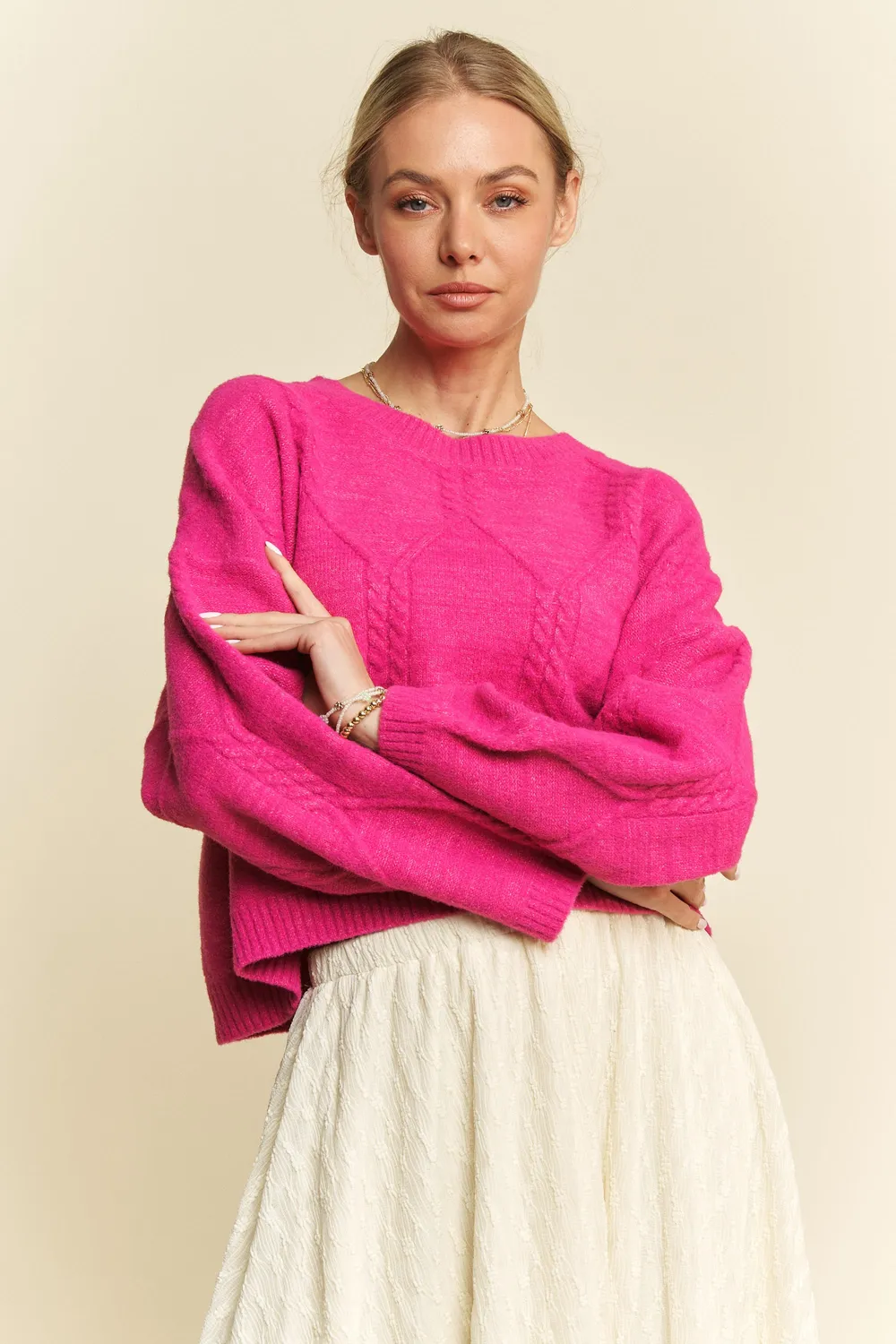 Diamond Cable Pattern Drop Shoulder Sweater, image 2