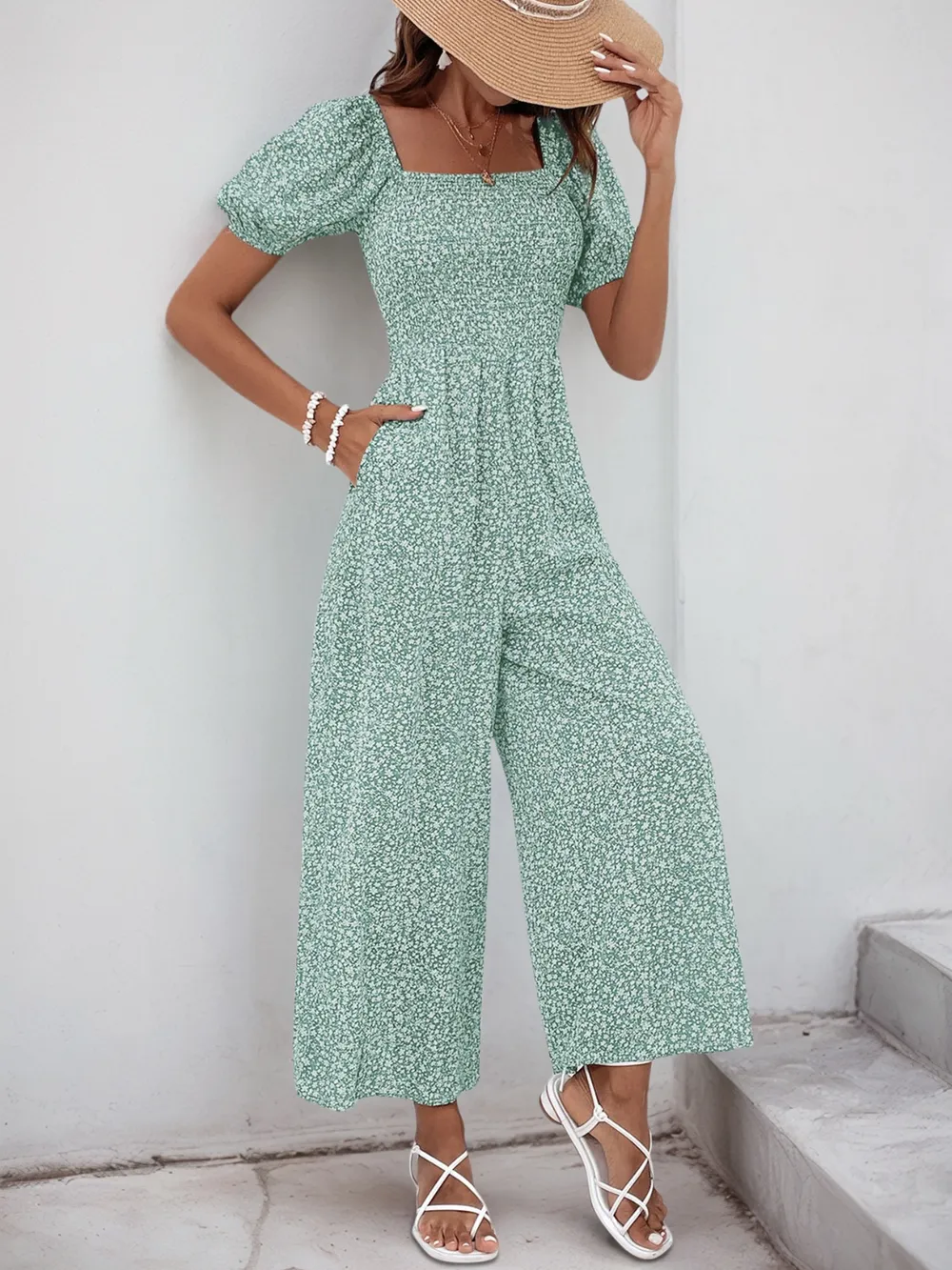 Printed Square Neck Puff Sleeve Jumpsuit, image 19