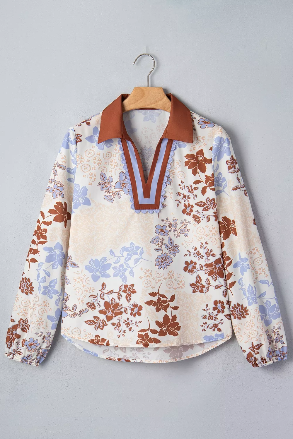 Floral Print Colorblock V Neck Long Sleeve Blouse, image 3