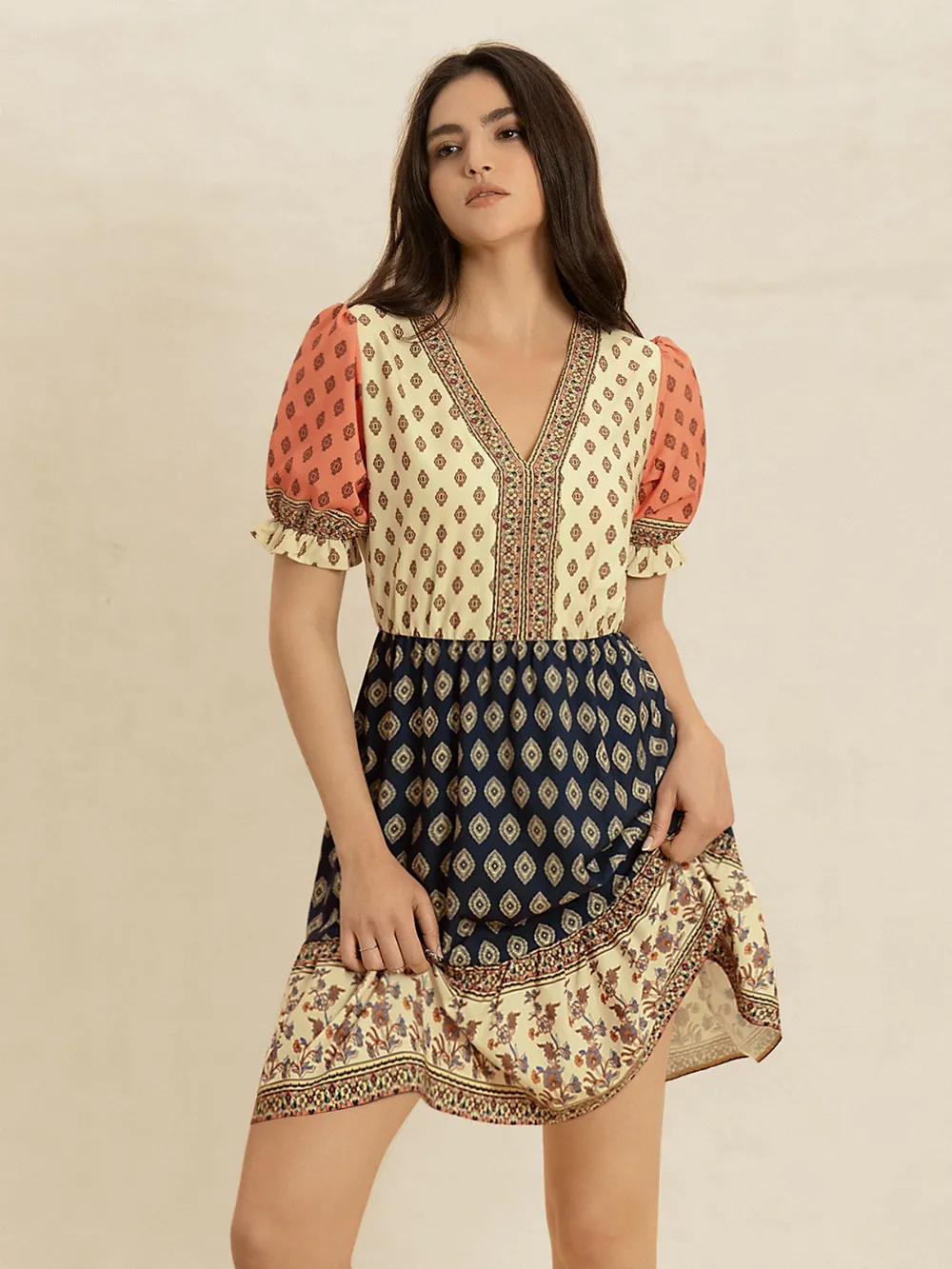 Printed V-Neck Short Sleeve Dress, image 6
