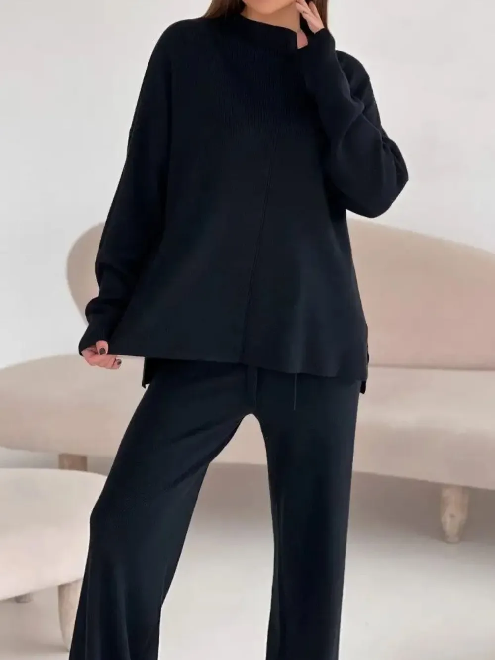 Slit Mock Neck Top and Pants Sweater Set, image 17
