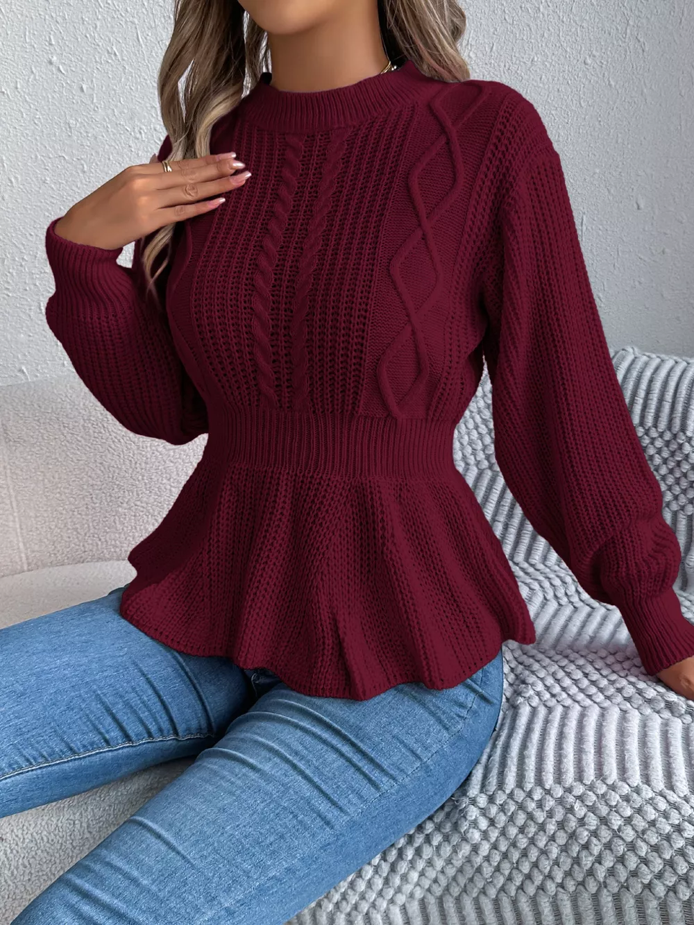 Cable Knit Round Neck Peplum Sweater, image 14