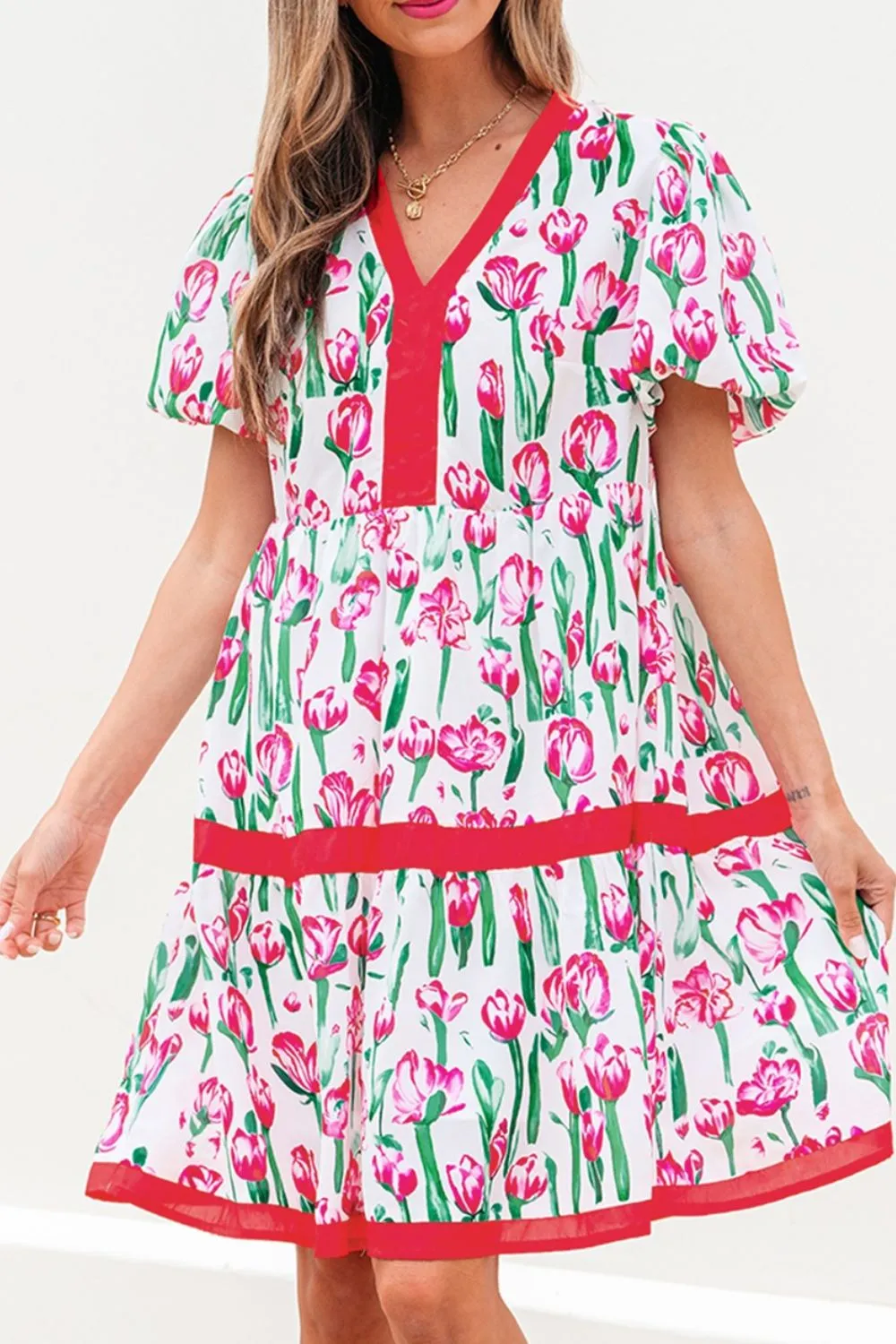 Floral Print Contrast Trim V Neck Bubble Short Sleeve Babydoll Dress, image 5