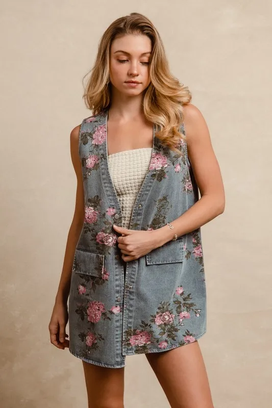 Floral Print Washed Denim Long Rider Vest, image 4