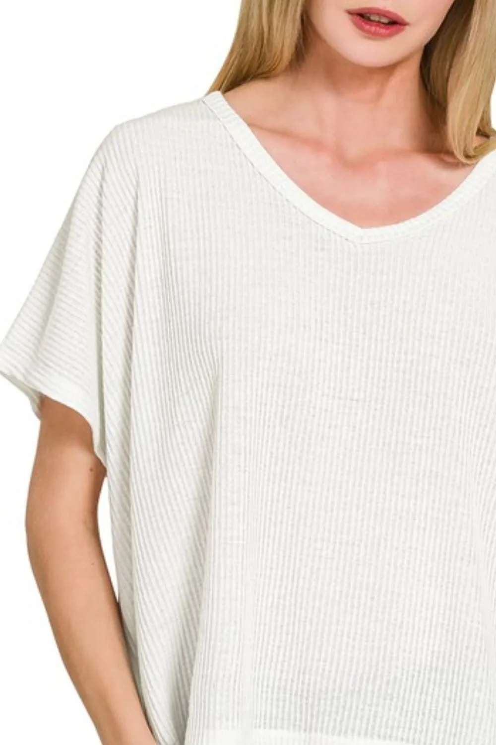 Ribbed V-Neck Short-Sleeve Knit Top, image 2