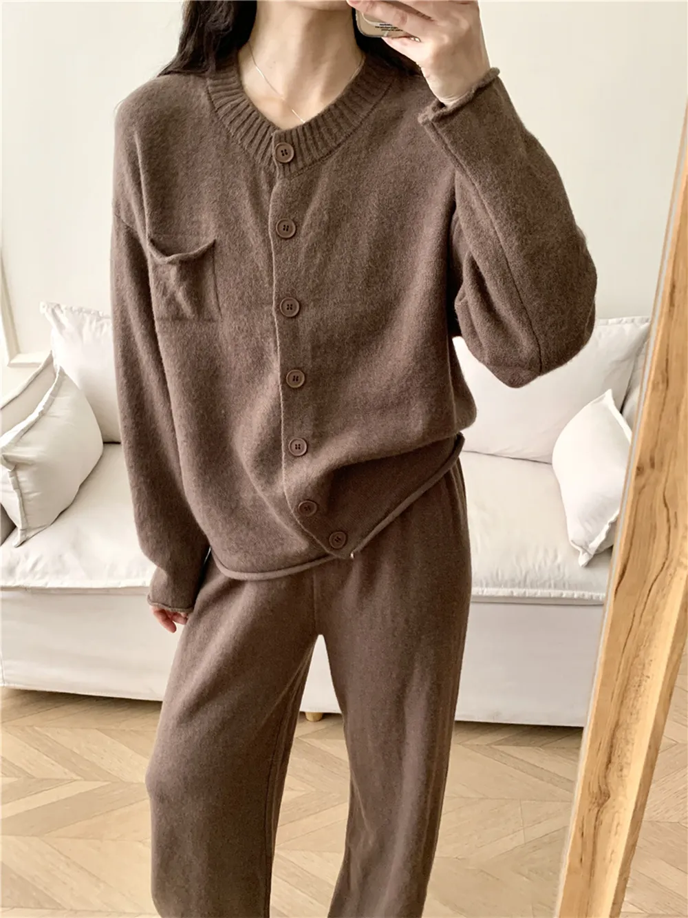 Pocketed Round Neck Button Up Cardigan and Pants Sweater Set, image 12