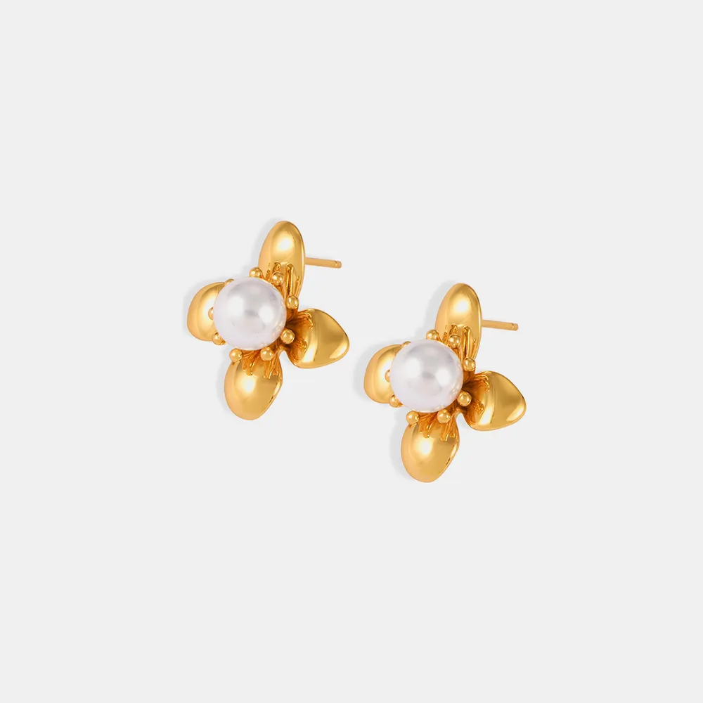 Synthetic Pearl Titanium Steel Flower Earrings, image 5