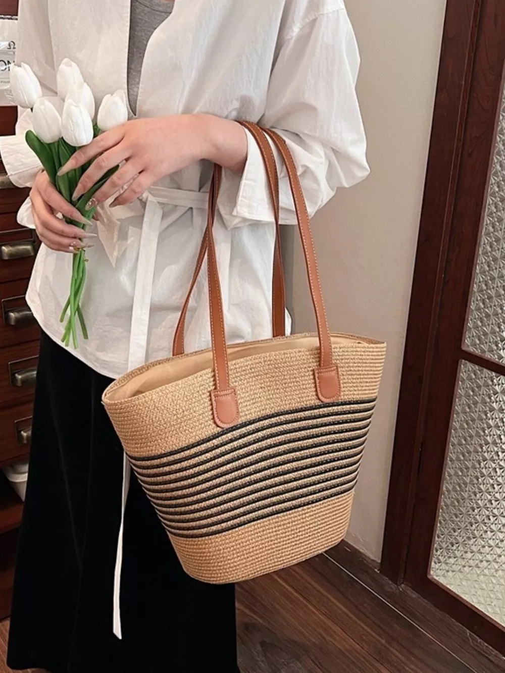 Striped Woven Straw Shoulder Bag, image 7