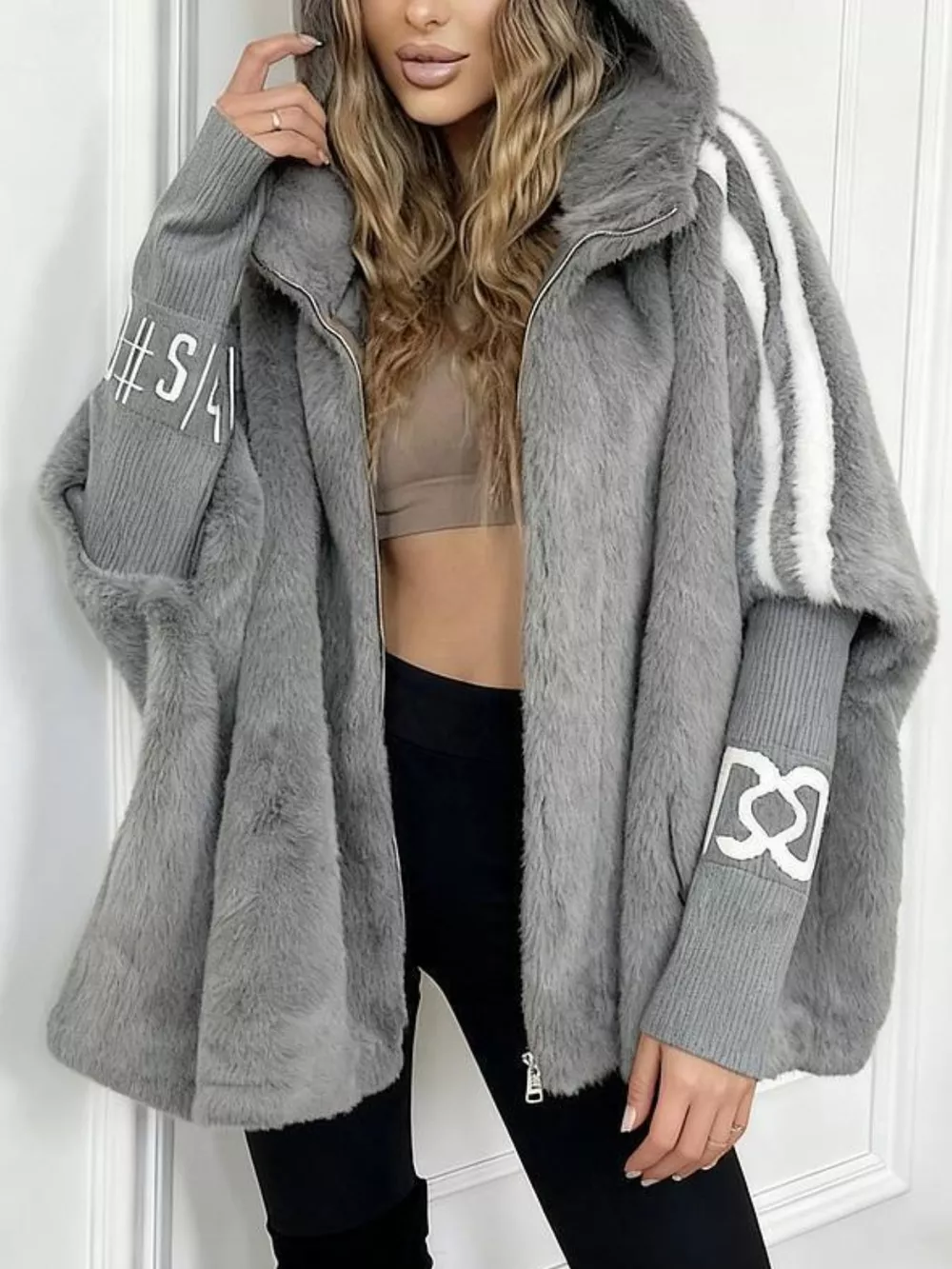 Hooded Faux Fur Striped Trim Outerwear, image 9
