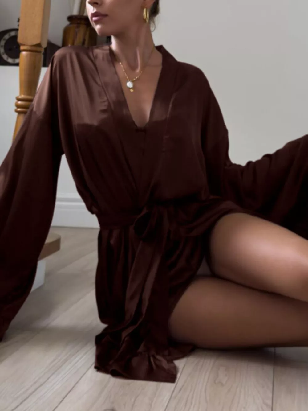 Satin Ruffle-Trim Lounge Nightgown Robe, image 5