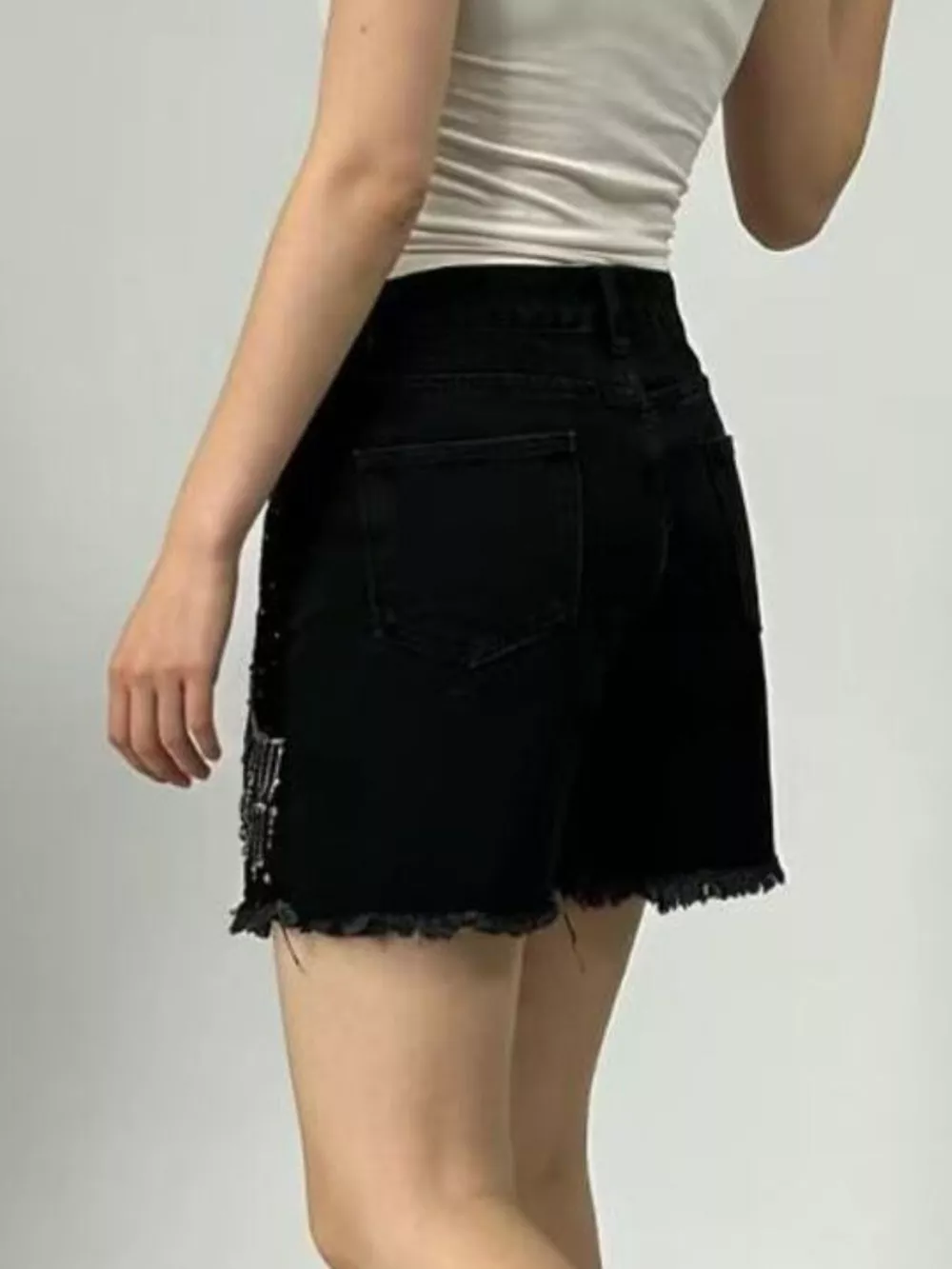 Rhinestone Chain Raw Hem Denim Shorts, image 5