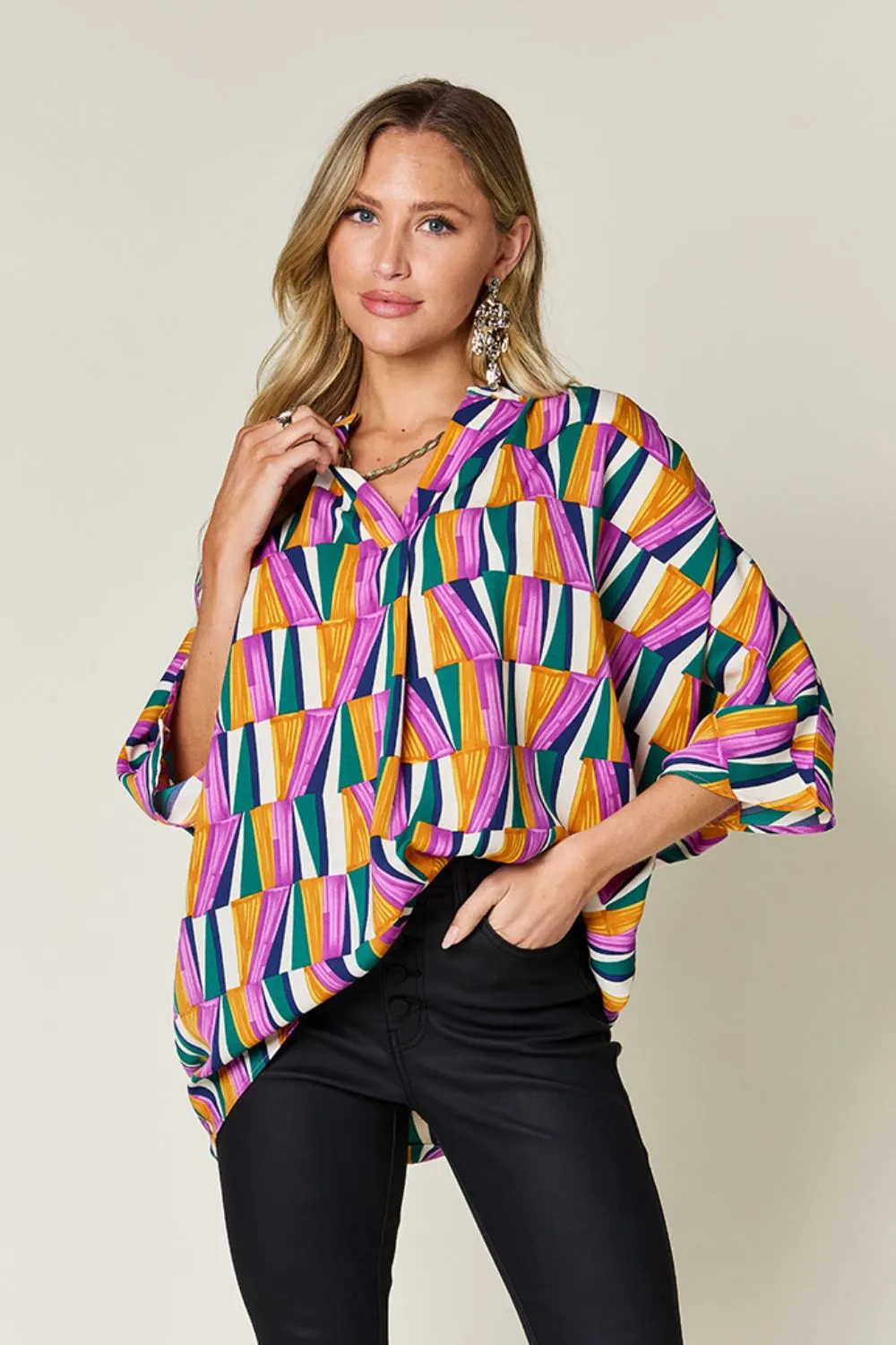 Full Size Geometric Notched Dolman Sleeve Top, image 3