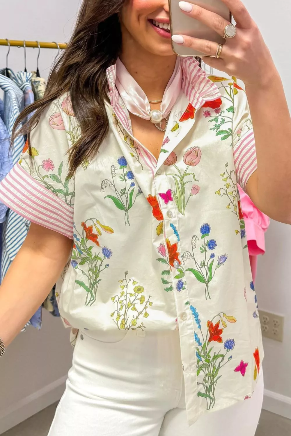 Floral Striped Patchwork Ruffled Collar Short Sleeve Shirt, image 4
