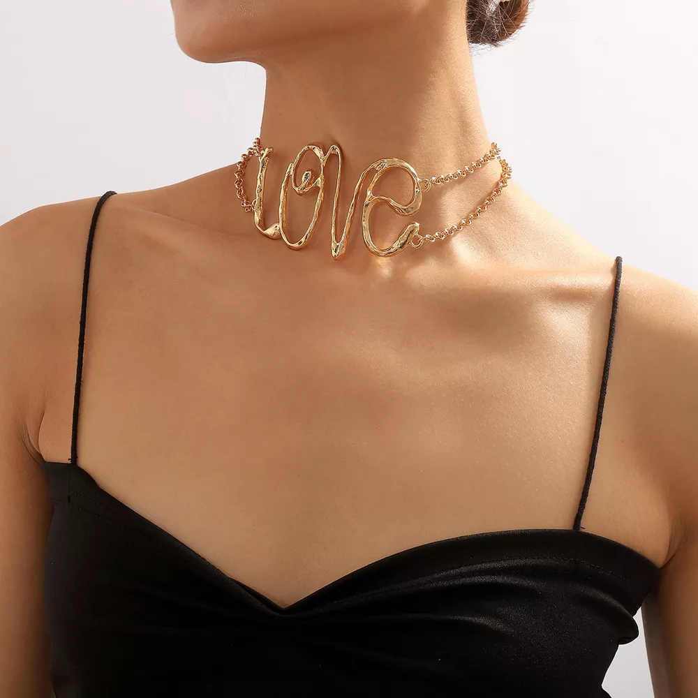 Gold Wire Love Script Statement Necklace, image 5