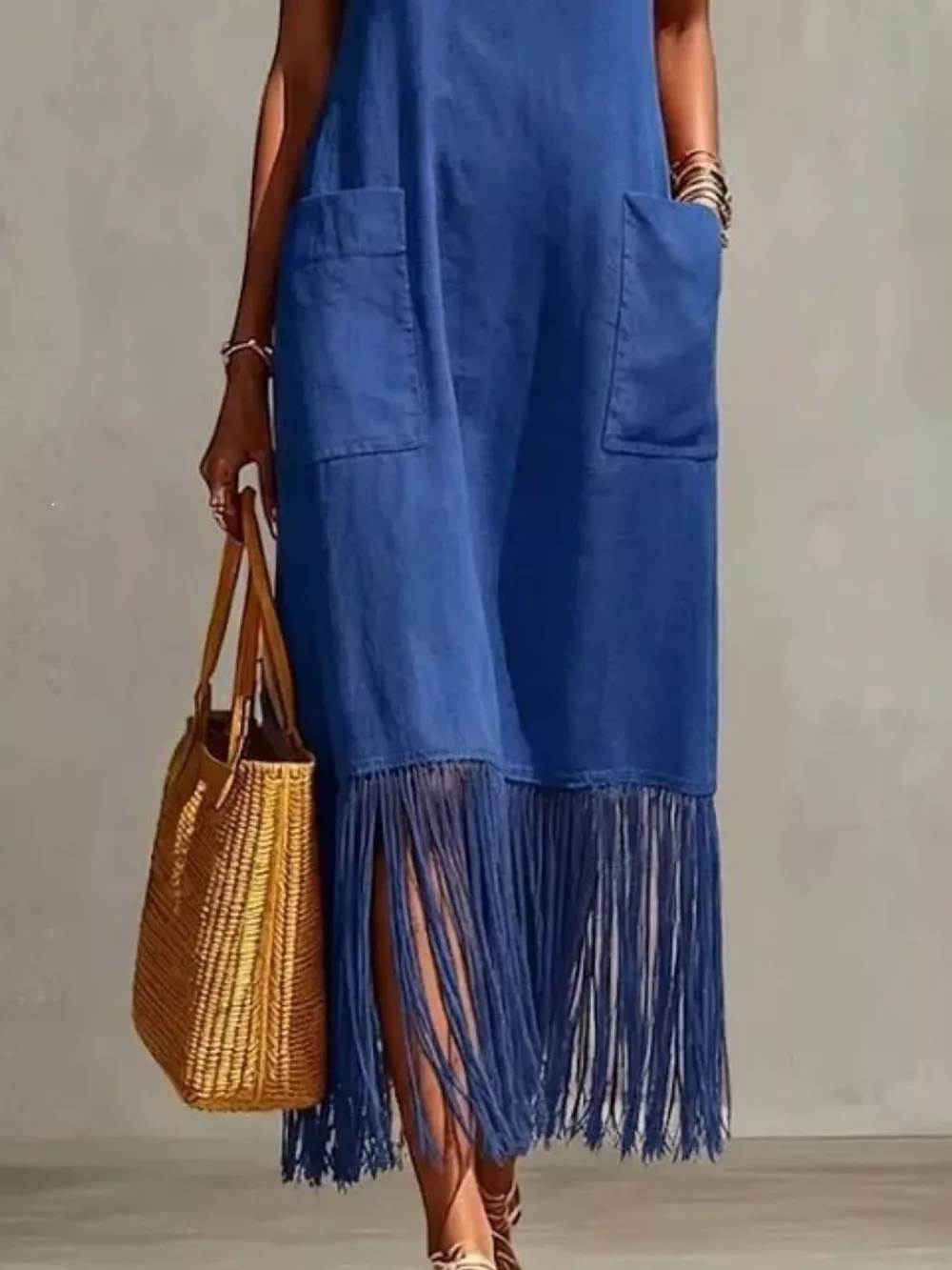 Full Size Fringe V-Neck Spaghetti Strap Dress Plus Size, image 3