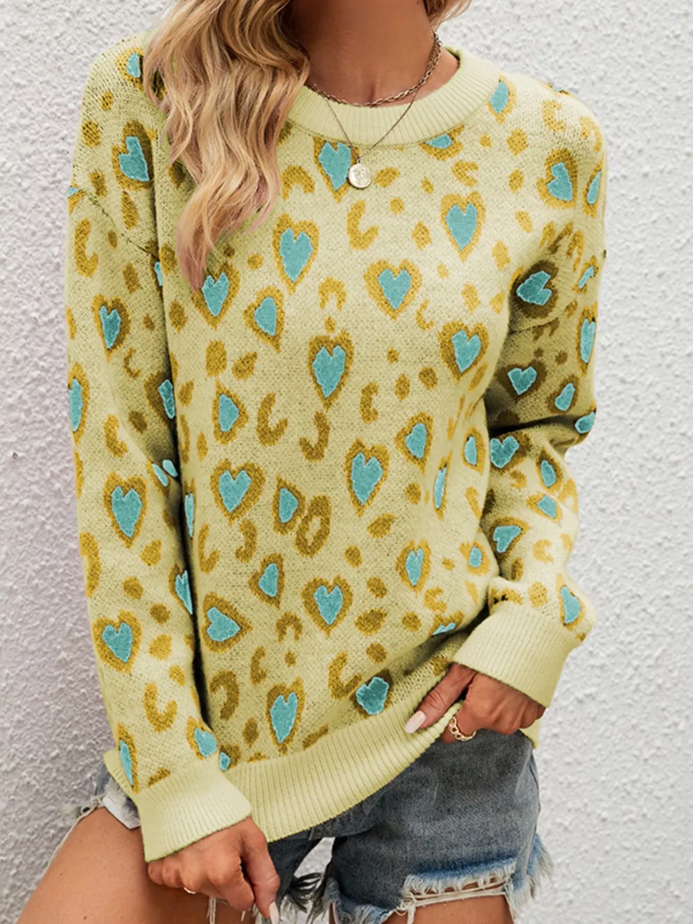 Heart Round Neck Long Sleeve Sweater, image 2