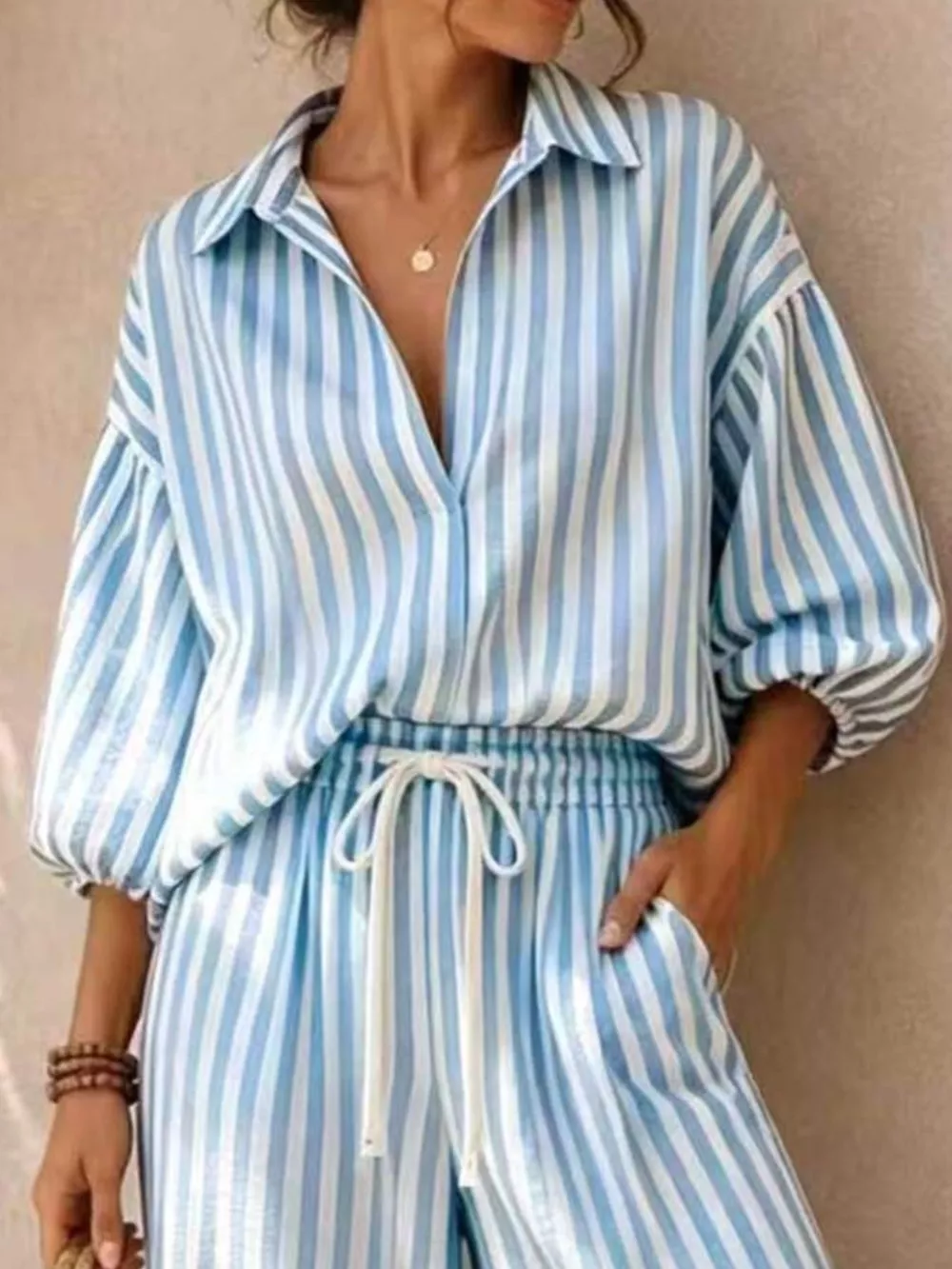 Full Size Striped Puff Sleeve Shirt and Wide-Leg Drawstring Pants Set Plus Size, image 11