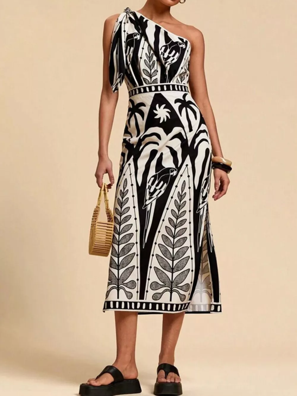One-Shoulder Tropical Print Midi Dress, image 4