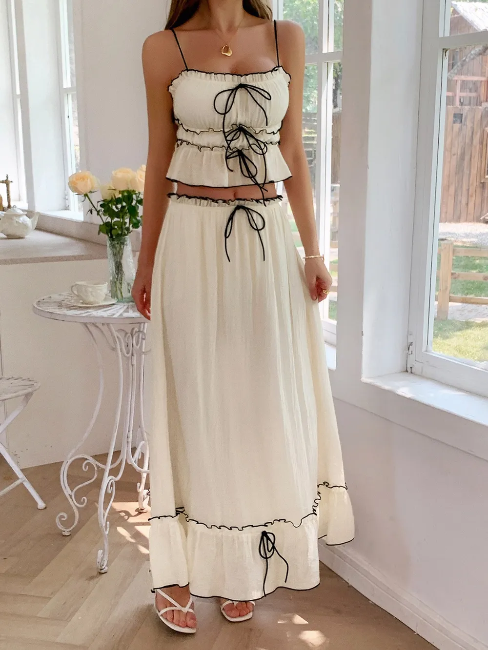 Frill Square Neck Cami and Skirt Set