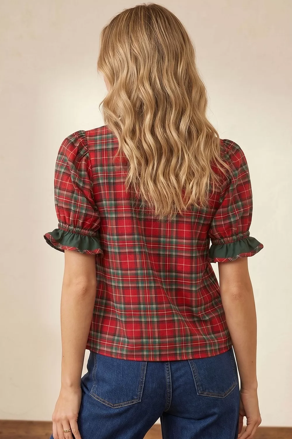 Plaid V Neck Ruffle Color Block Trim Short Sleeve Shirt, image 2