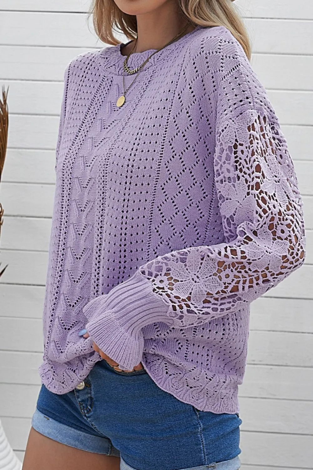 Openwork Round Neck Long Sleeve Sweater, image 21