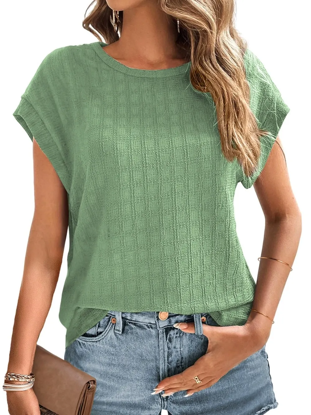Textured Round Neck Short Sleeve Top, image 29