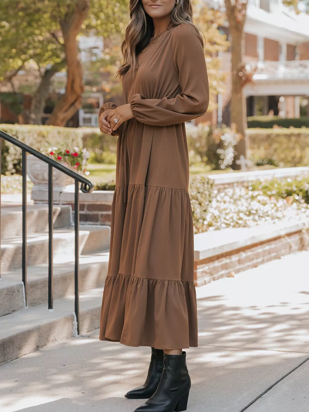 V-Neck Balloon Sleeve Tiered Dress, image 7