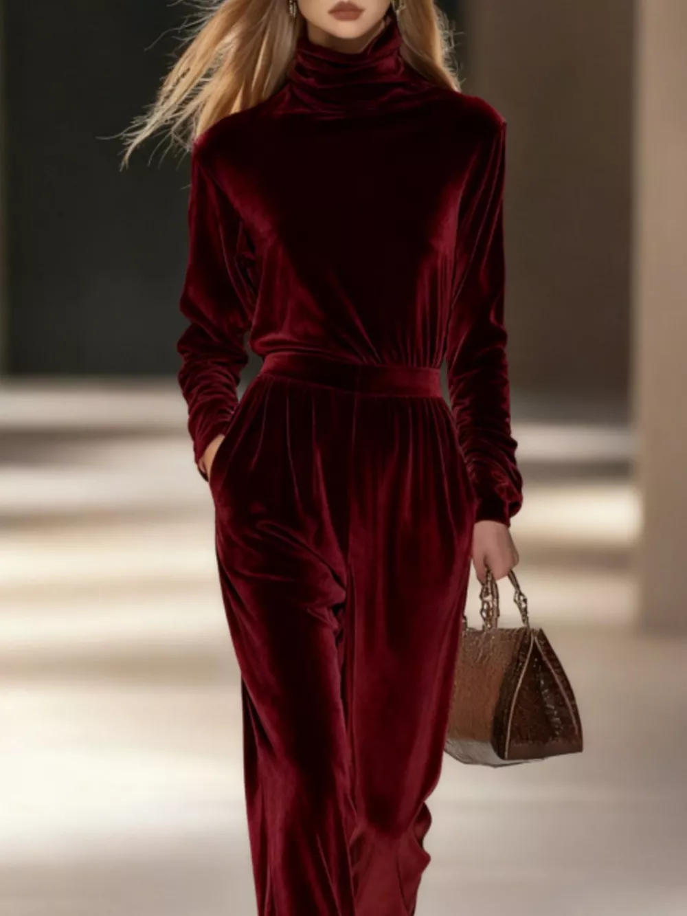 Full Size Velvet Turtleneck Long Sleeve Top and Wide-Leg Pants Set Plus Size, image 10
