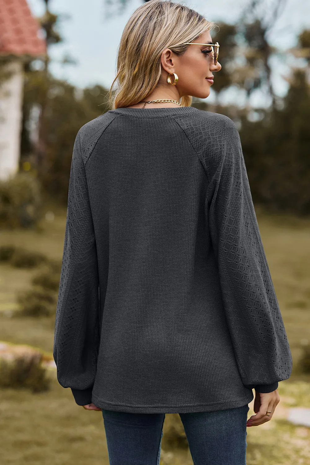 Eyelet Notched Raglan Sleeve T-Shirt, image 21