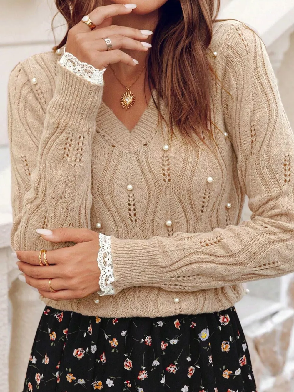 Pearl-Embellished V-Neck Pullover Sweater, image 12