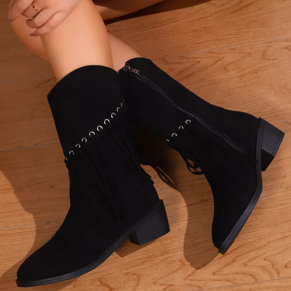 Fringe Western Block Heel Boots, image 4
