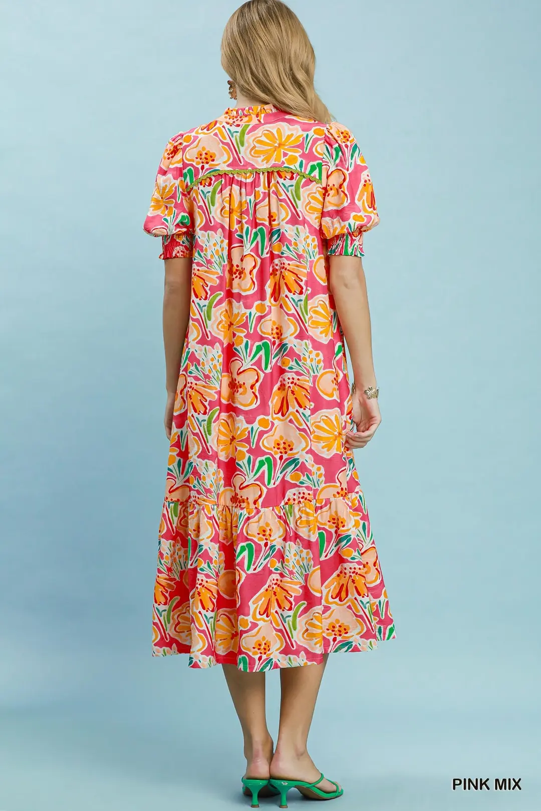 Floral Print Puff Sleeve Tiered Midi Dress, image 4