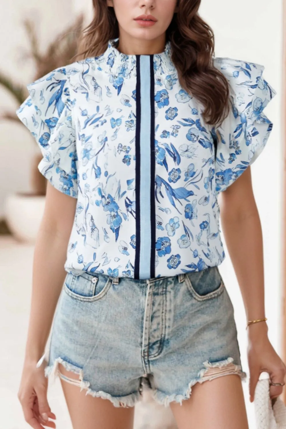 Floral Print Ruffled Short Sleeve Blouse
