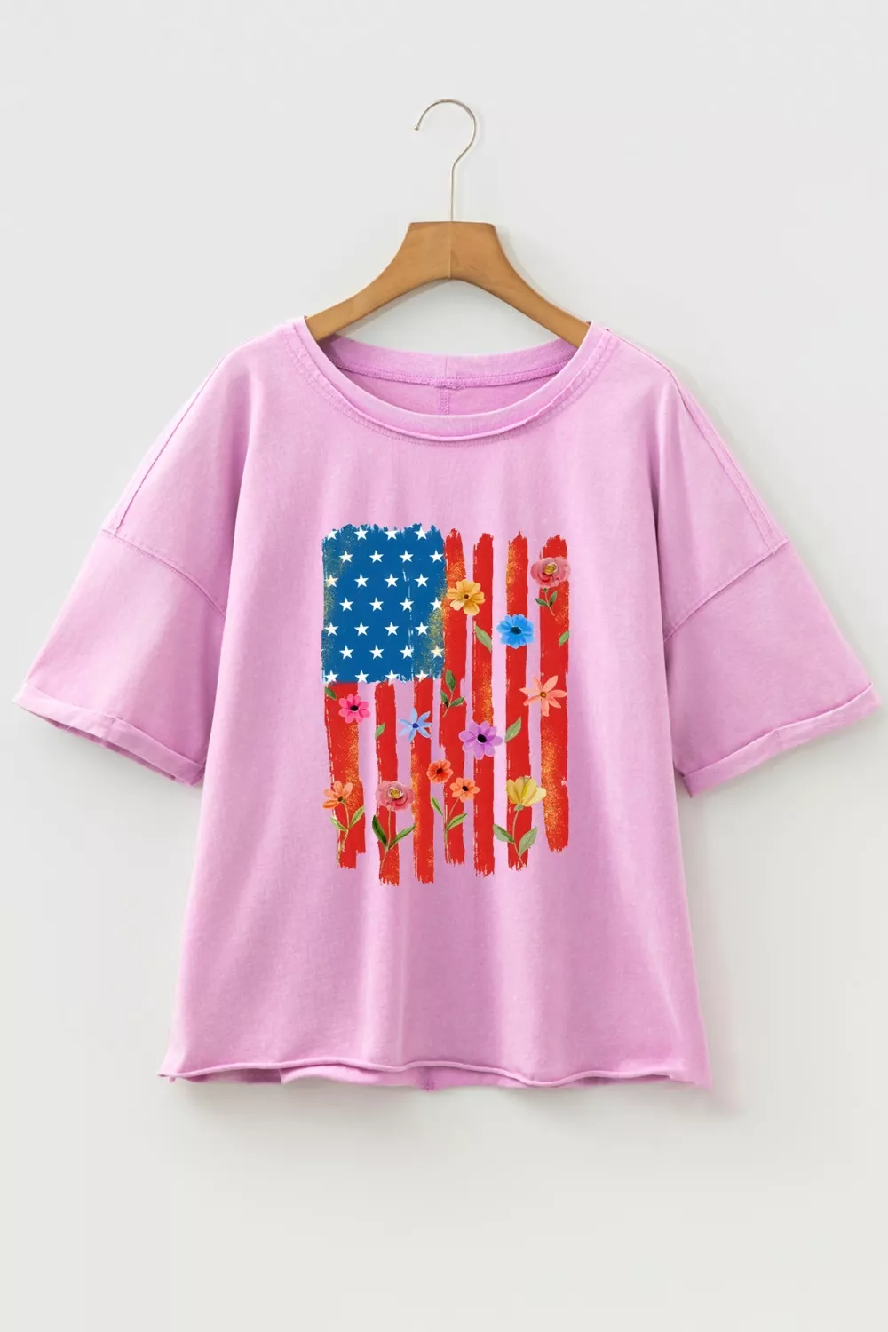 Floral American Flag Printed Raw Edge Cotton Tee, image 4