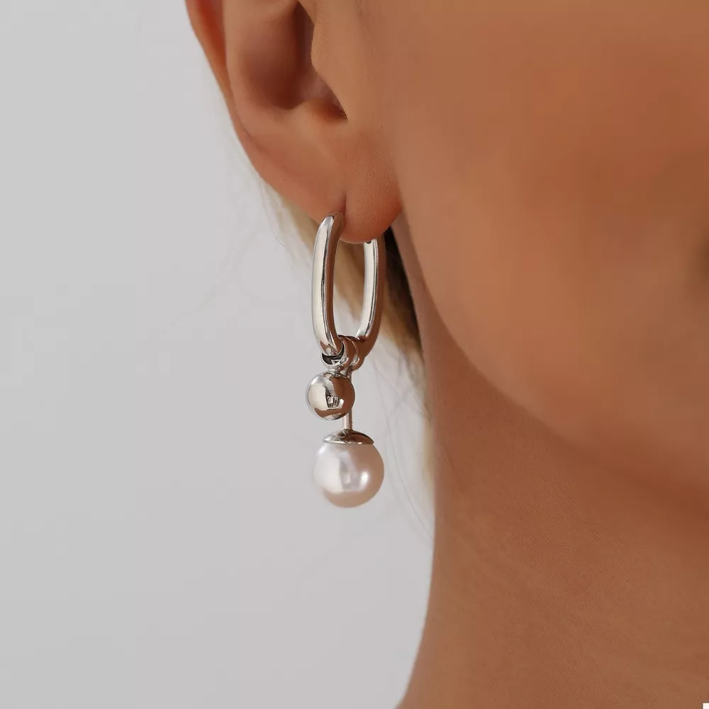 Asymmetrical Pearl Drop Hoop Earrings, image 2