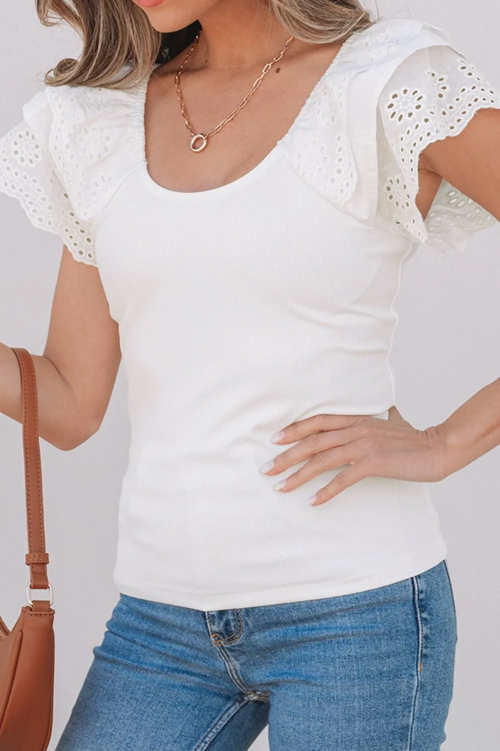 Eyelet Ruffle Sleeve Slim Top, image 9