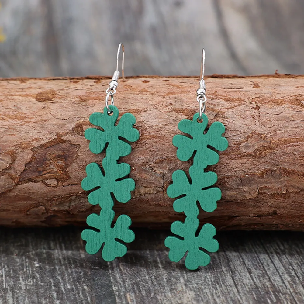 Lucky Clover Wooden Dangle Earrings, image 2