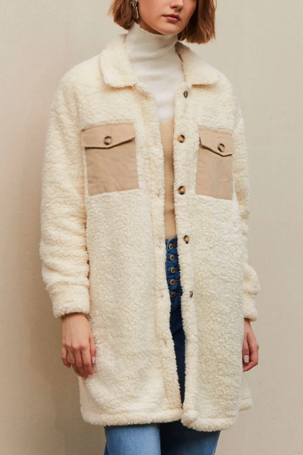 Collared Neck Long Sleeve Longline Teddy Jacket, image 21