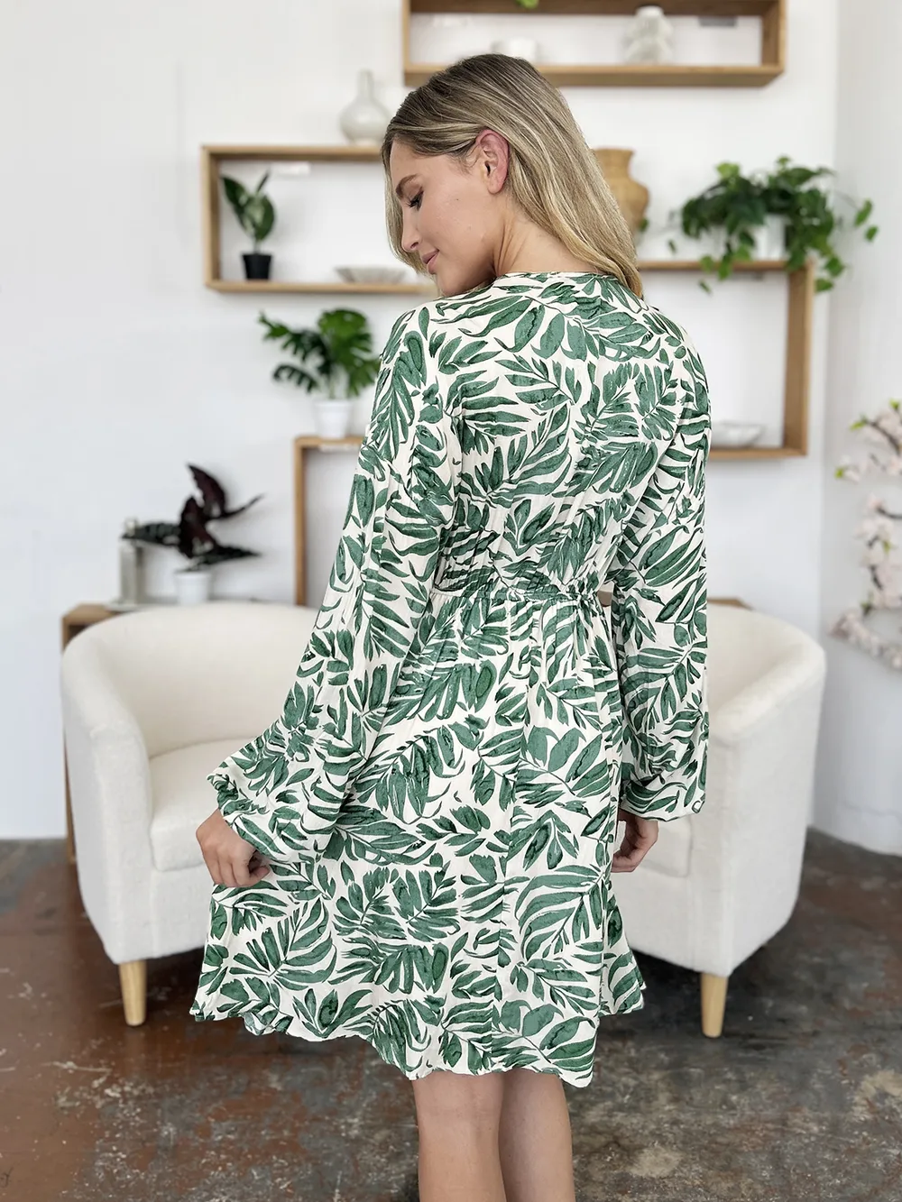 Full Size Printed Ruched Balloon Sleeve Dress, image 18