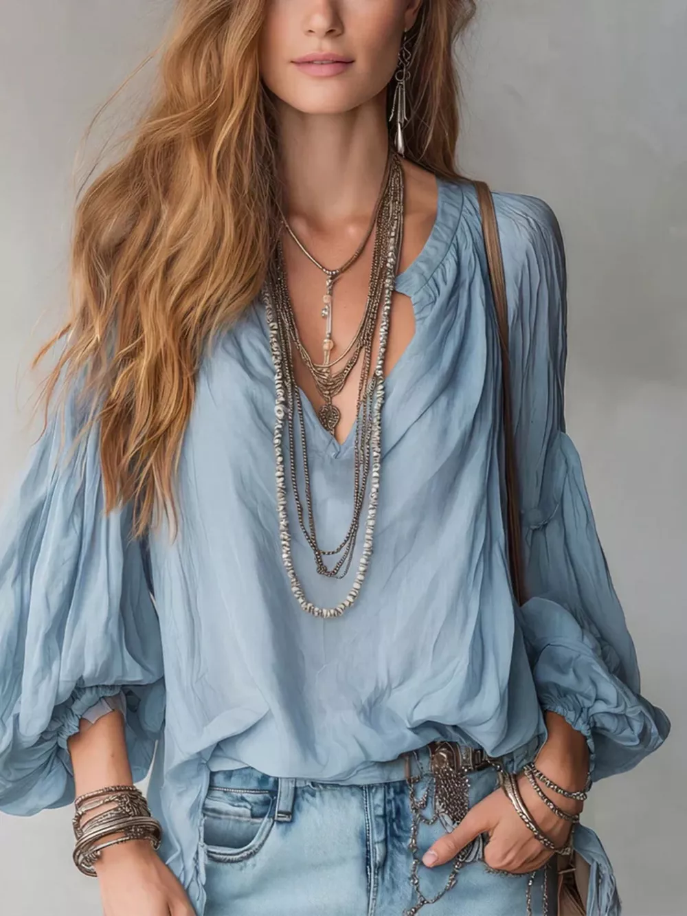 Notched Balloon Sleeve Blouse, image 3
